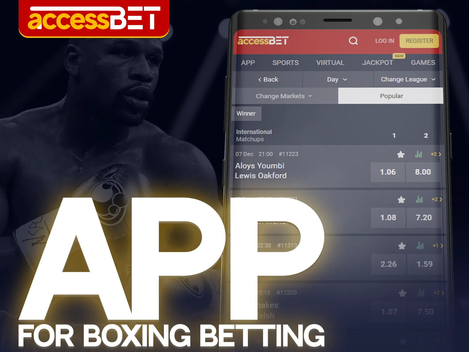 The Accessbet app offers the same boxing betting options as the website.