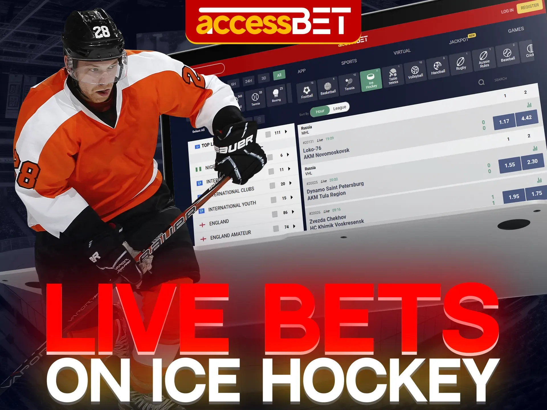 Accessbet provides the opportunity to bet on hockey in real time.