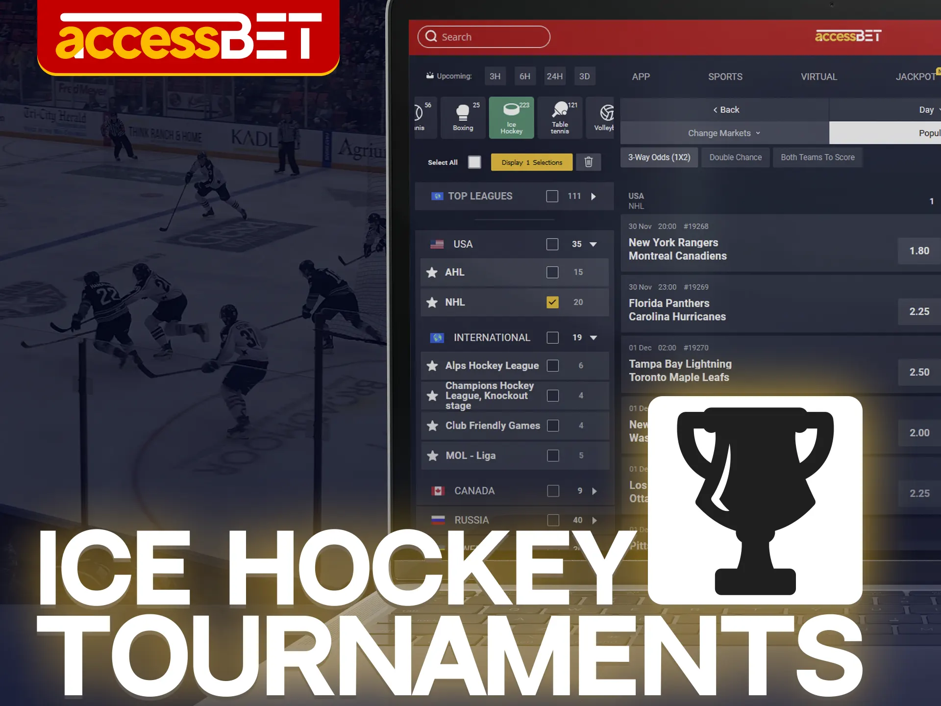 There are plenty of hockey tournaments available for betting at Accessbet.