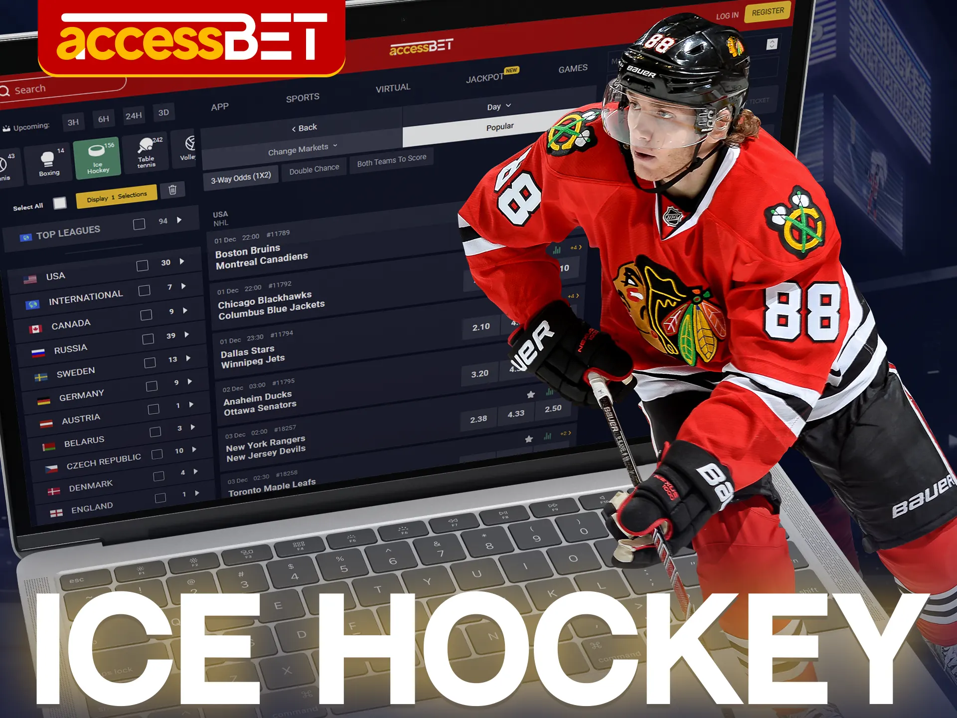 Find out who will be the winner in the next hockey match with Accessbet.