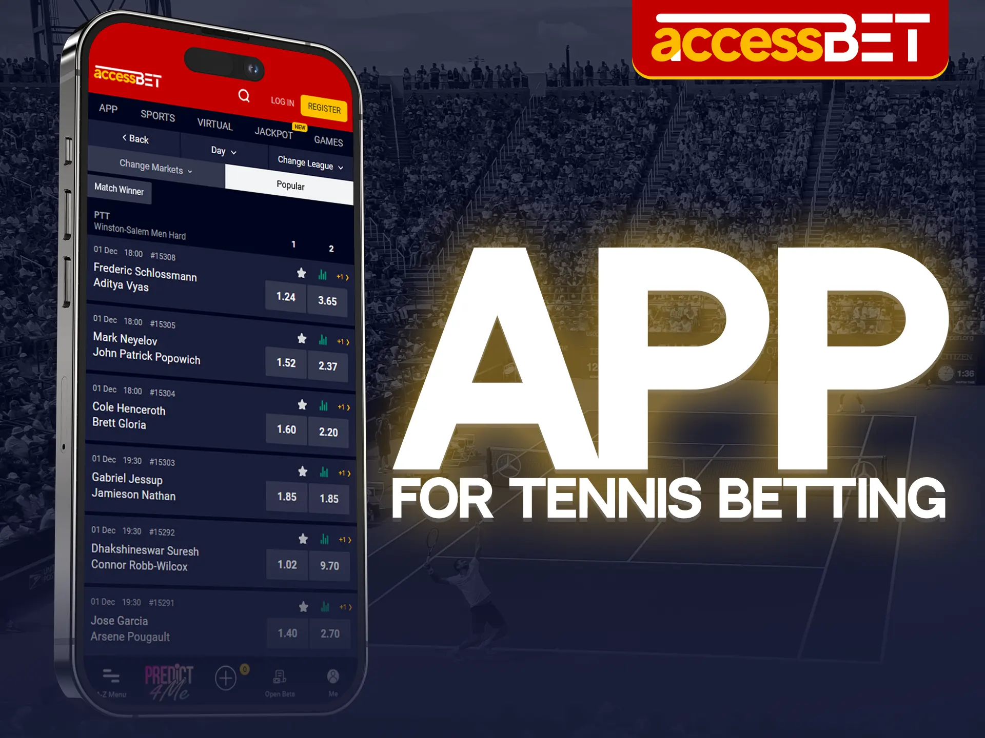 Download the free Accessbet app and bet on tennis in comfort.