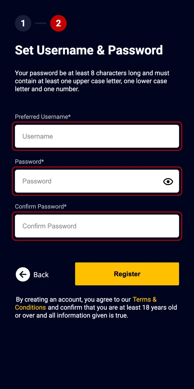 Create a username and password for your AccessBet account.