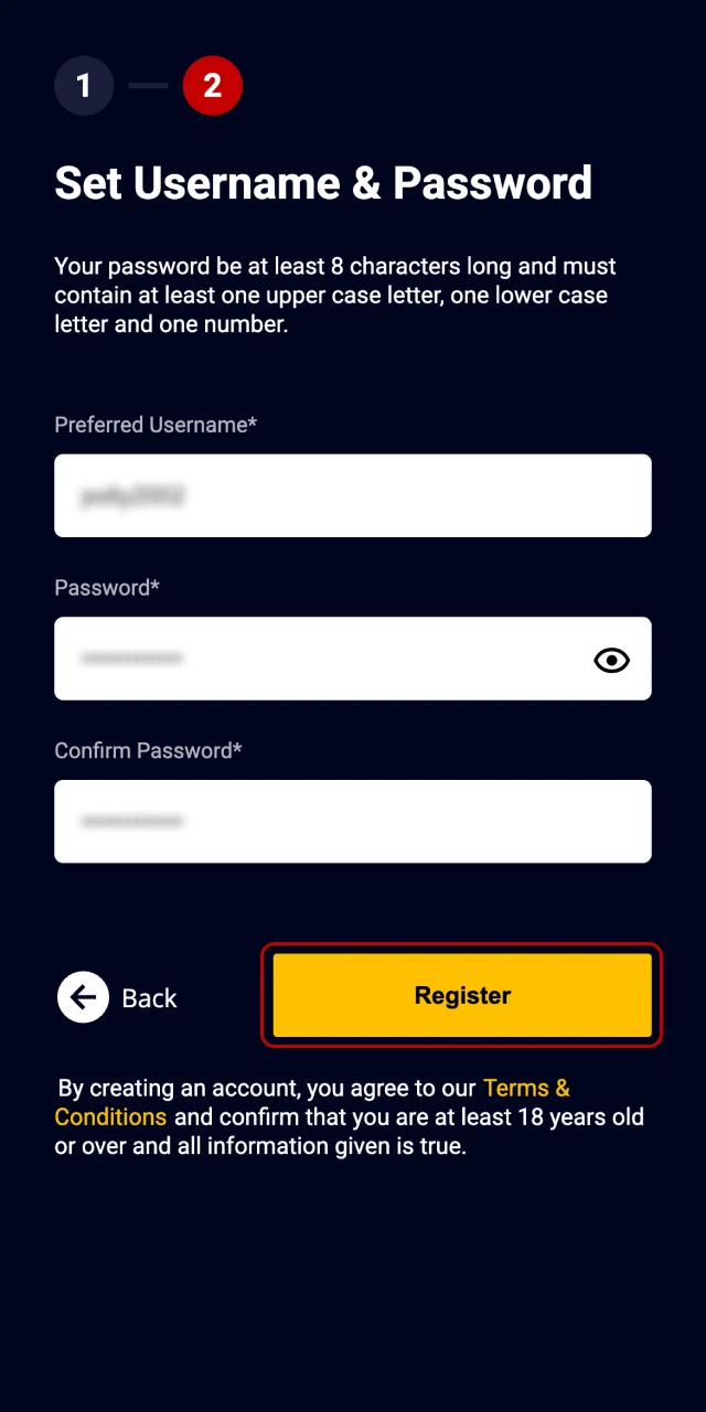 Click on the button to complete AccessBet registration.