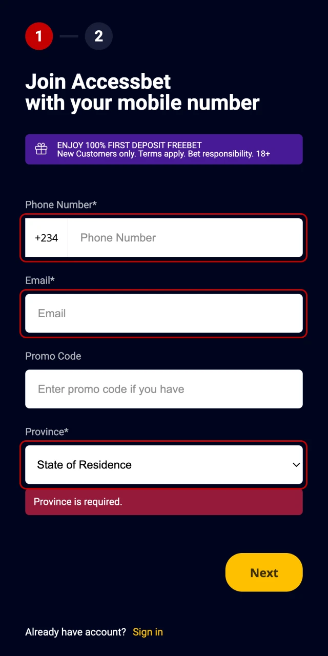 Provide your personal details on AccessBet registration form.