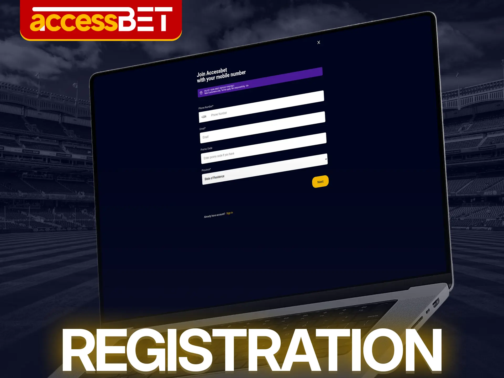 Easily register on Accessbet using your phone number or email address.