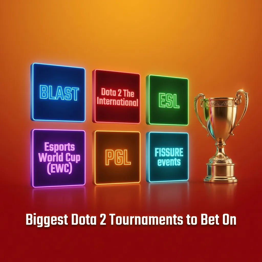 Top Dota 2 tournament logos including The International, ESL, and BLAST events for esports betting opportunities