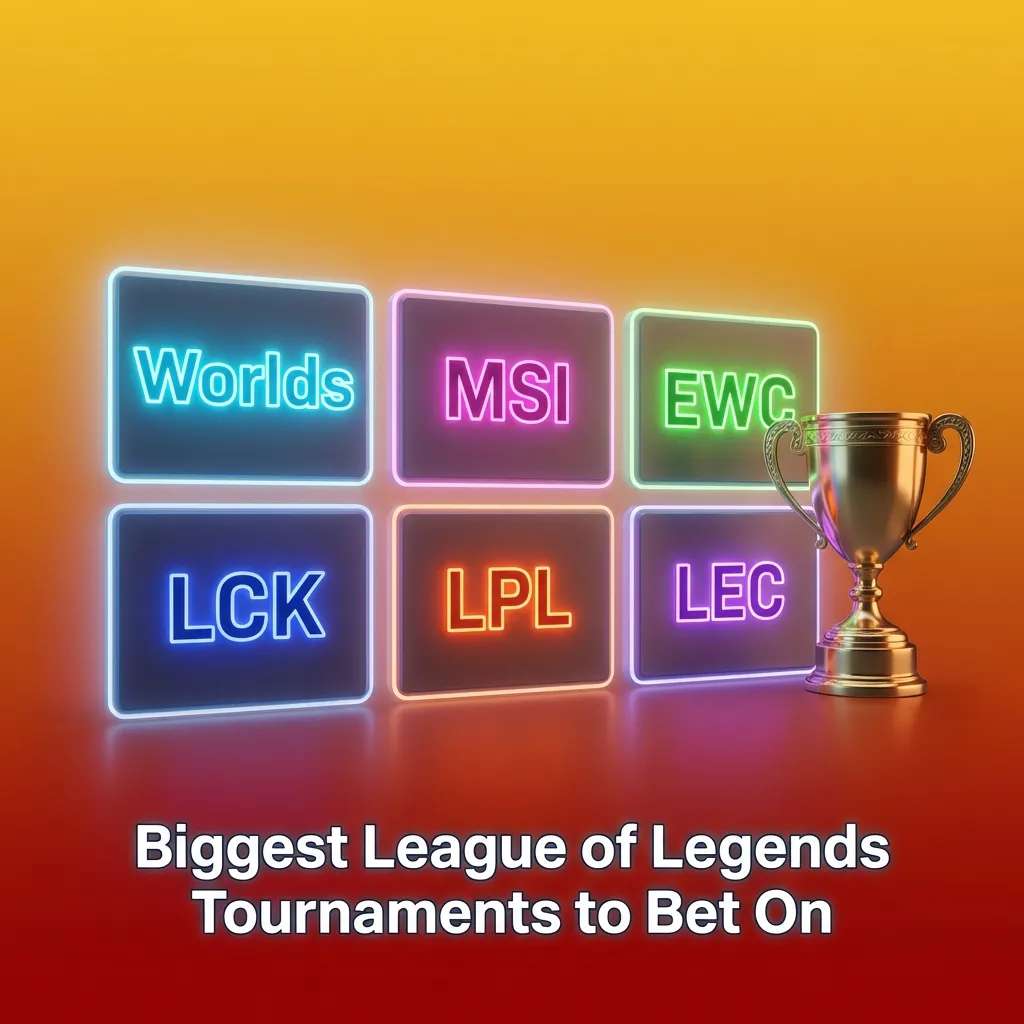 Major League of Legends tournaments including Worlds, MSI, and regional leagues like LCK, LPL, and LEC for esports betting